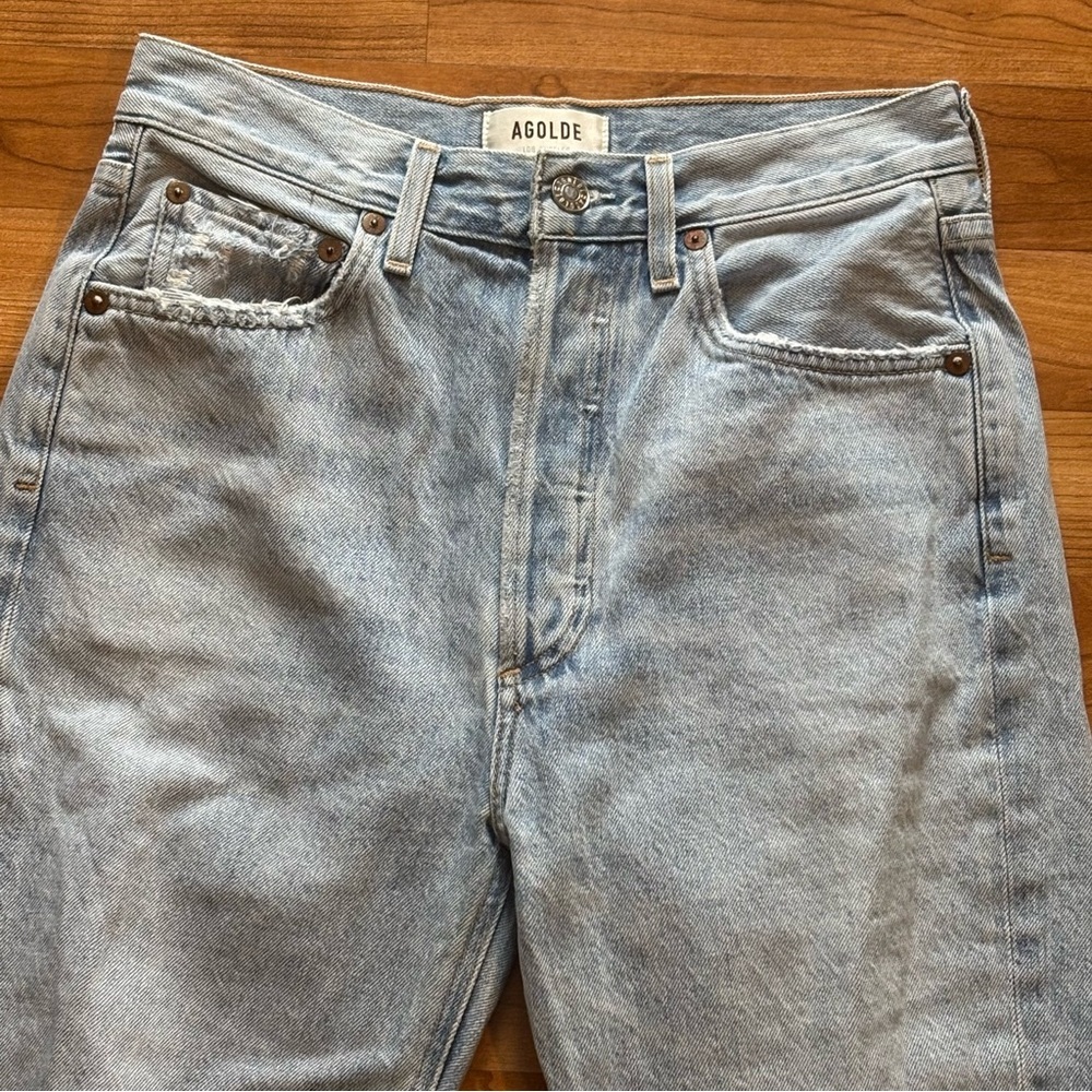 Agolde Riley High Rise Crop Jeans Womens 26 Light Wash Knee Rip - Picture 3 of 12